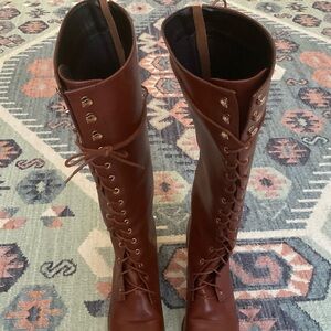 Lace up vintage style faux leather brown knee boots women size 11, 10.5